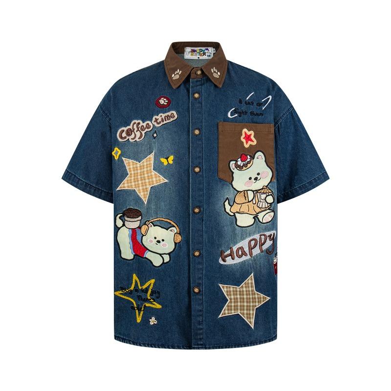 American Retro Coffee Bear Sticker Embroidered Denim Short-sleeved Shirt for Men and Women Couple Summer Loose Casual Shirt