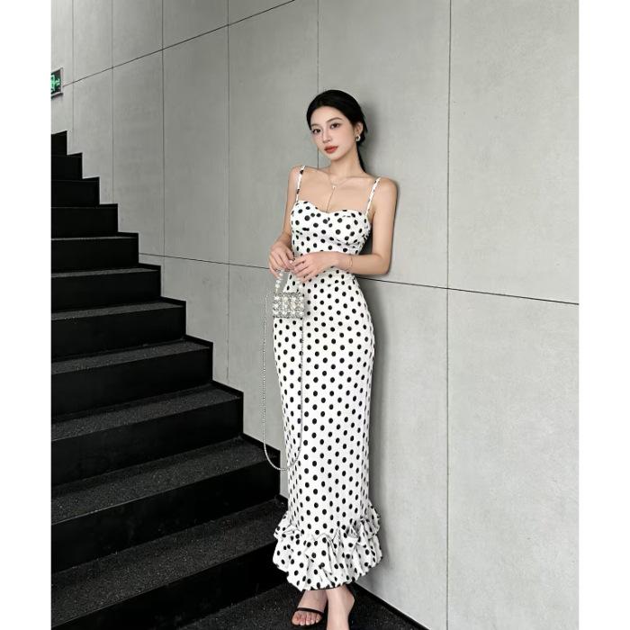 Summer New French Polka Dot White Sexy Suspender Dress Women's Temperament Waist Thin Medium and Long Dress