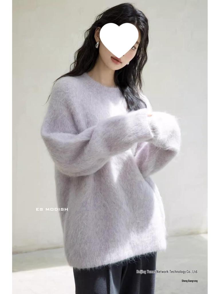 Soft Mink Cashmere Pullover Sweater - Women's Autumn/Winter Cozy Style Milk Knitted Cardigan Thickened Top