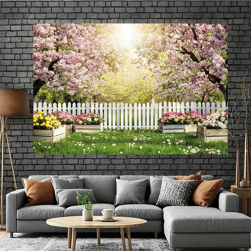 Background Banner Cheerful Spring Flowers Fence Pattern Background Cloth Suitable for Outdoor and Indoor Decoration