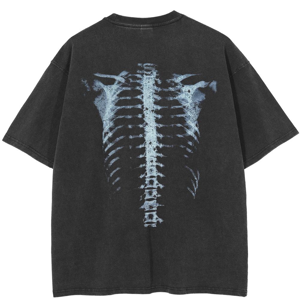 Streetwear Bothsides X-rays Graphic T-Shirt Cotton Washed Black Tshirt Unisex Short Sleeves T Shirt