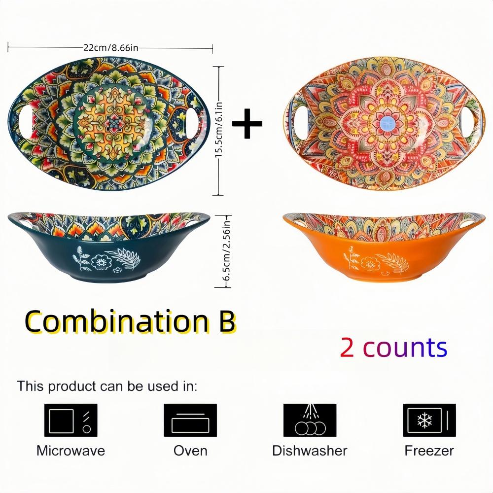 Ceramic Salad Bowl Bohemian Novelty Oval Plate with Handle Microwave Safe Boat-shaped Bowl Stackable Food Bowl Fruit bowl-2PCS