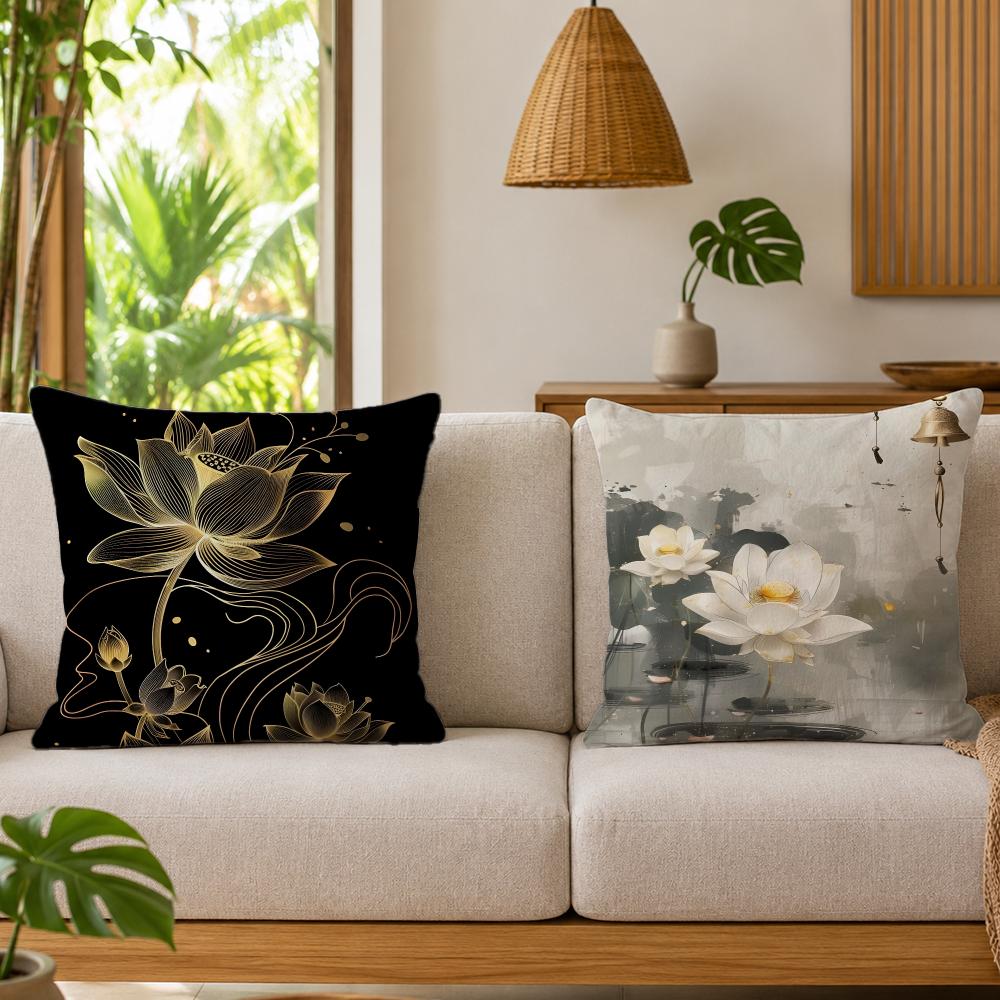 Simpl Pretty Golden Lotus Cushion Cover Durable Hypoallergenic Organic Linen Pillow Cover Short Size Washable Skin-Friendly