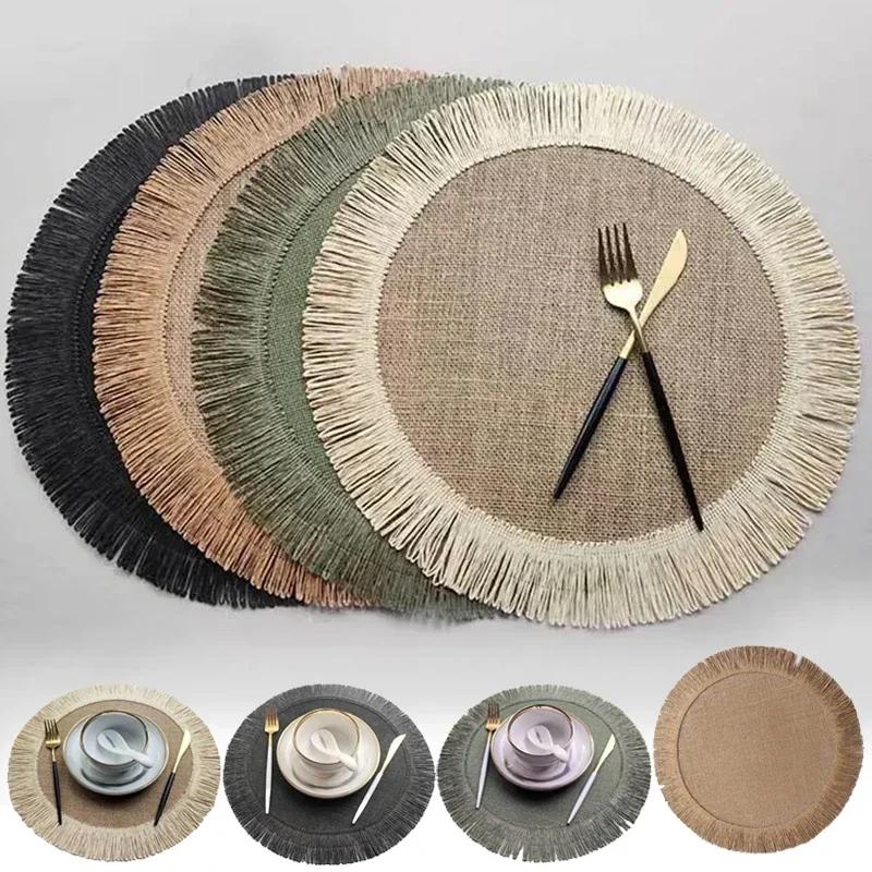 1PC Round Tassel Placemat Heat Resistant Mat Simple Jute Dining Table Mat Placemat for Wedding Homes Party Dining Table 38x38cm