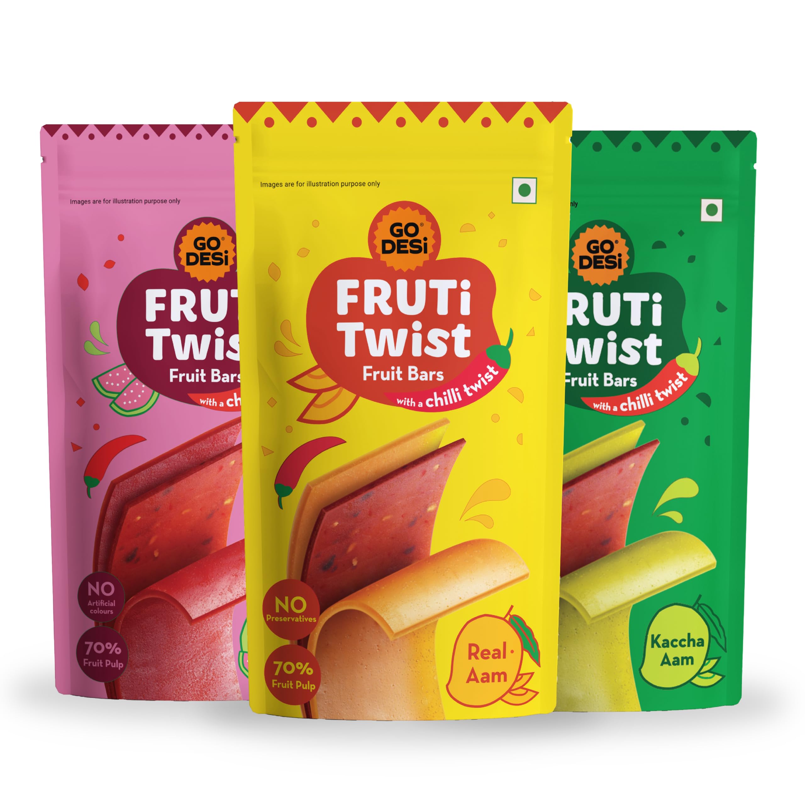GO DESi Assorted Fruti Twist Fruit Bars - 3 x Pack of 10 pieces, Real Aam, Kaccha Aam, Guava Fruit Bars, Aam Papad, Mango Fruit Jelly