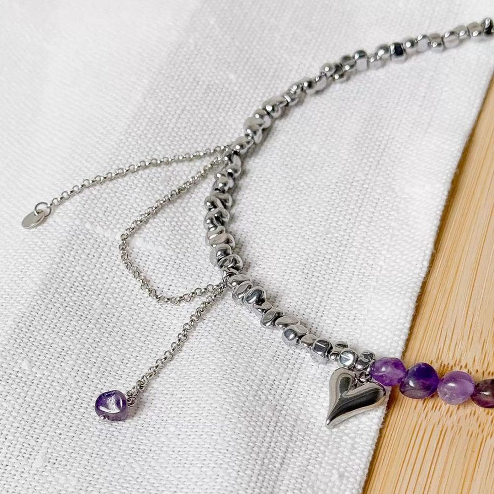 Vintage Heart Pendant Natural Purple & Black Gall Stone Chain Necklace for Women Choker Jewelry N0500
