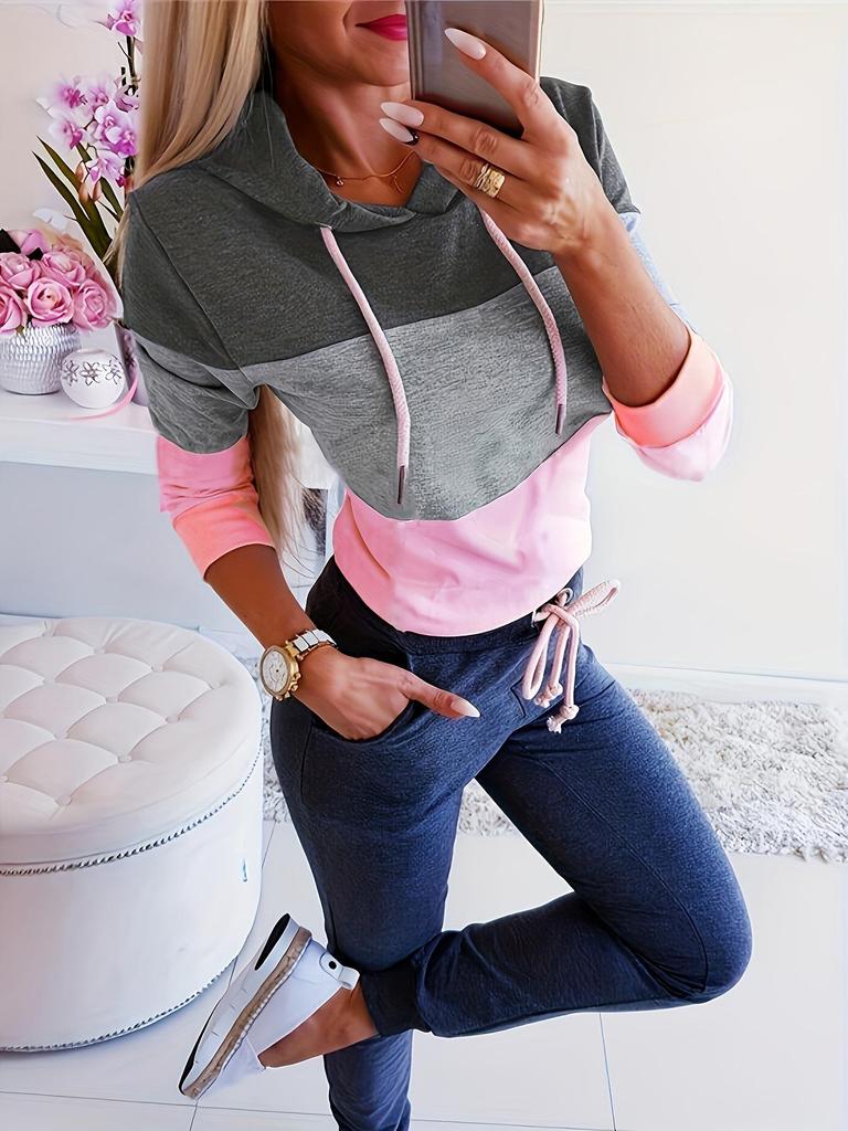 2025 Spring Long Sleeve Casual Color Block Hoodie Sweatshirt