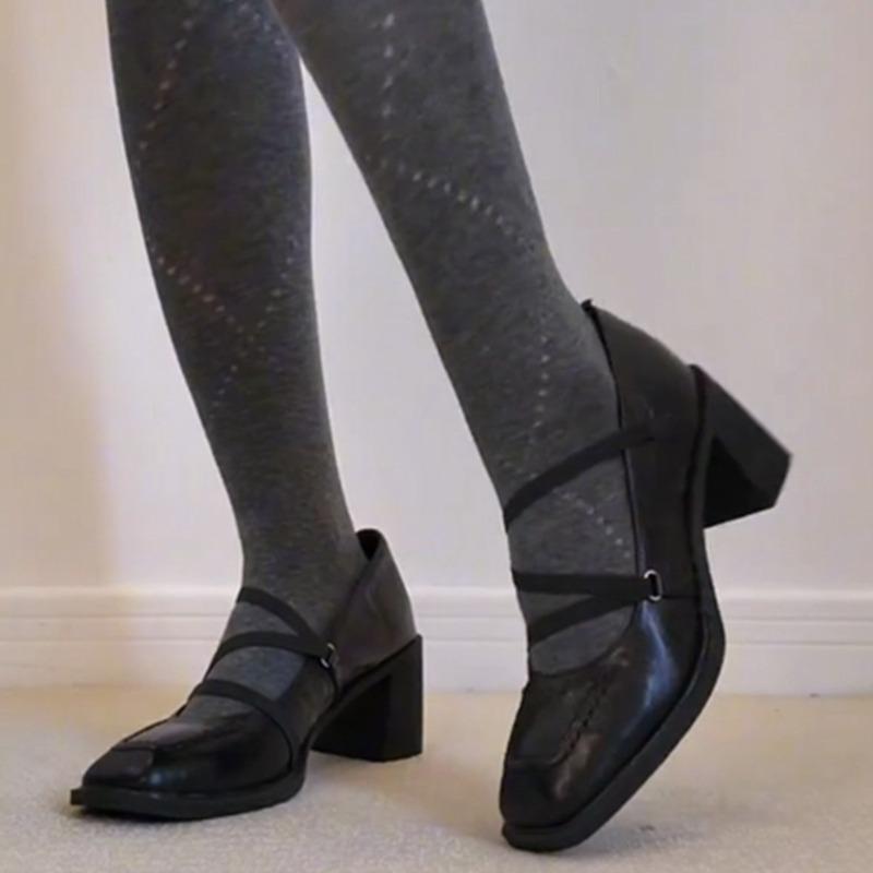 Vintage French Mary Jane Shoes Women's Square Toe Versatile Shallow Mouth Slip-on Block Heel Leather Shoes