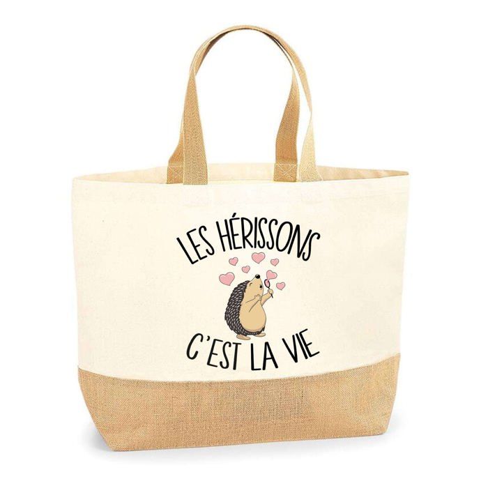 Cabas / Tote bag - PLANETEE - Hérisson c'est la vie - Jute naturel - Multicolore - Fabriqué en France
