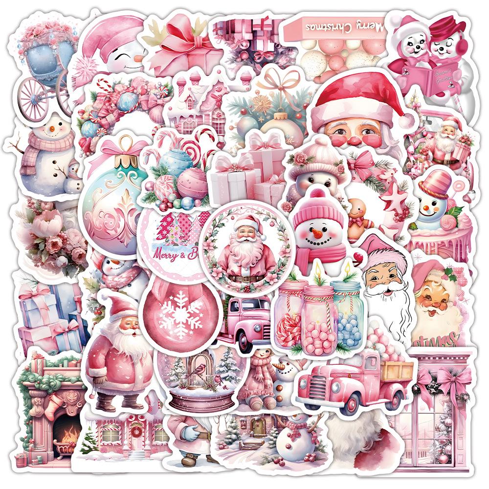 50PCS Pink Christmas Doodle Stickers - Cartoon Festival Decoration for Phone Cases, Skateboards, and Water Bottles. Waterproof Stickers Set.