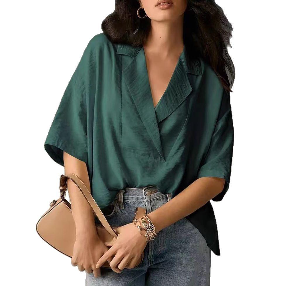Trendiges Damen Sommer Neues Kurzarm Revers Lässiges Lockeres Oberteil Einfarbige Bluse