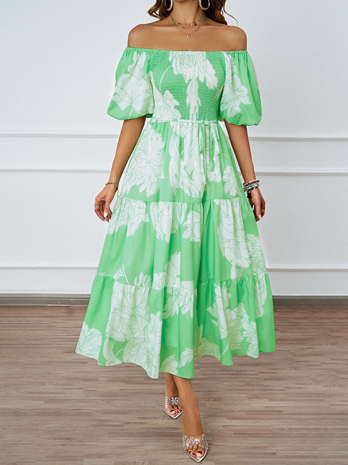 Summer new elegant printing one-word shoulder bubble sleeves fashionable European and American big swing dress S