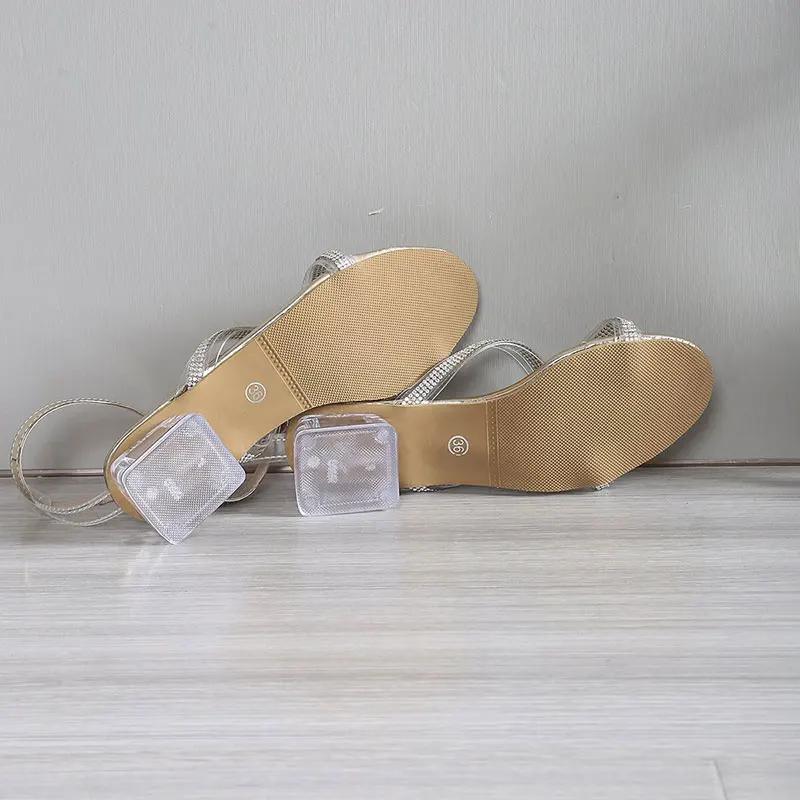 Fashion Shiny Crystal PVC Low Heel Sandals Women Gold Cross Band Ankle Buckle Sandals Summer Plus Size Light Square Heels Casual Sandals