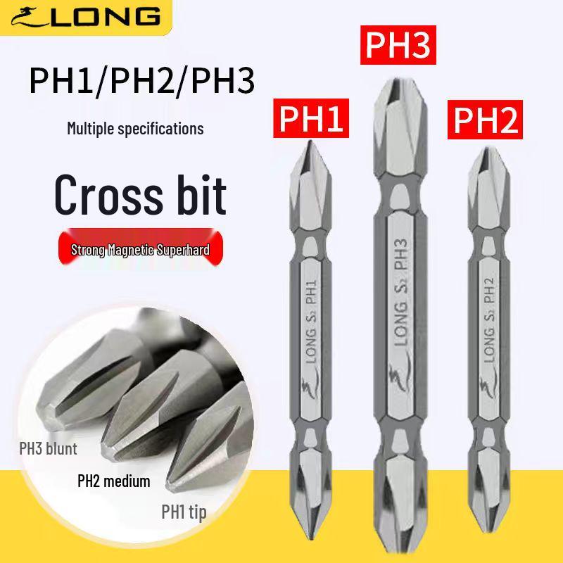 Pointed PH1/PH3 Magnetic Double-Ended Phillips Bit, High Hardness, S2 Alloy Steel Electric Screwdriver.