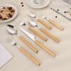 Bamboo Handle Stainless Steel Cutlery Set: Knife, Fork, Spoon, Dessert Fork & Ice Cream Spoon