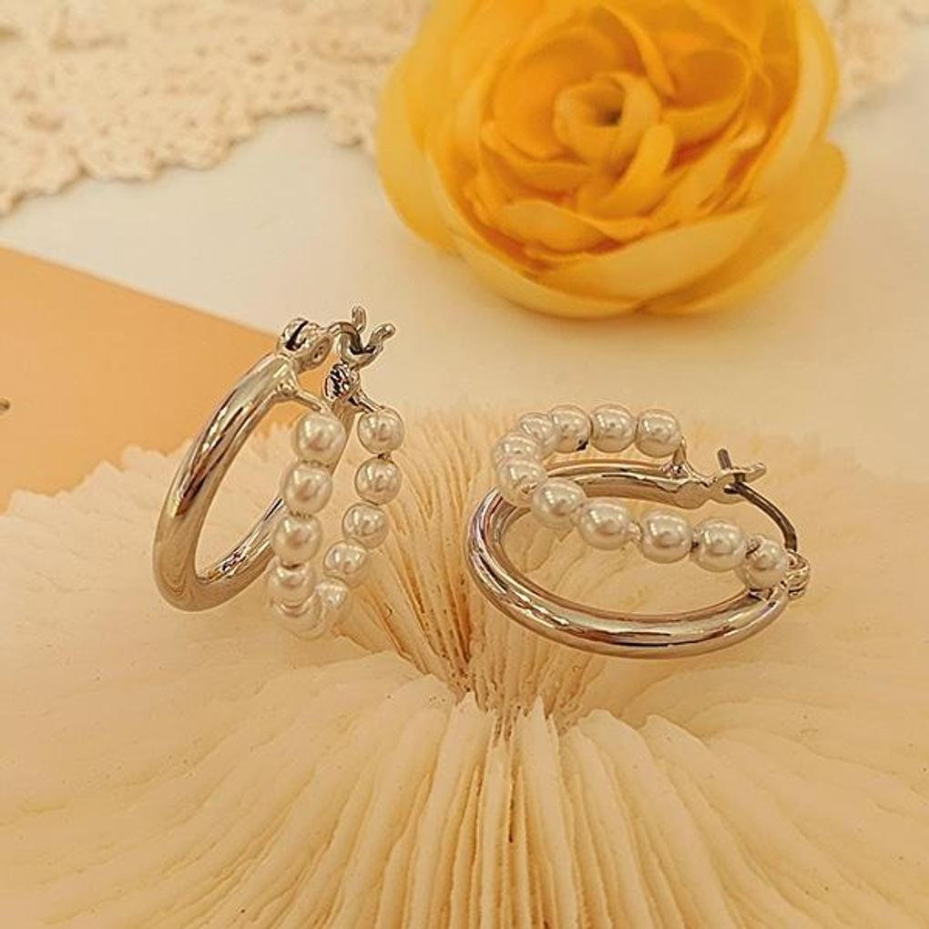 Metal Twin Pearl Line Earrings (Double Row Style)