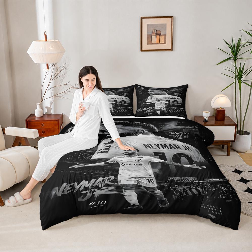 Neymar Jr 10 Santos B W 3-Piece Quilt Cover Set with Pillowcases for Dorm Room Decor