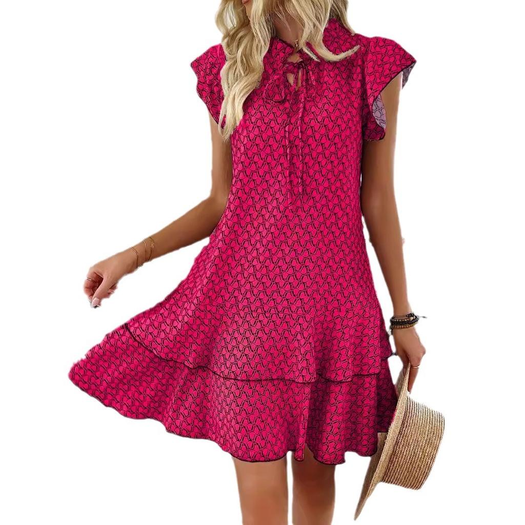 Bohemian Printed V-neck Tie Small Flying Sleeve Dress for Women