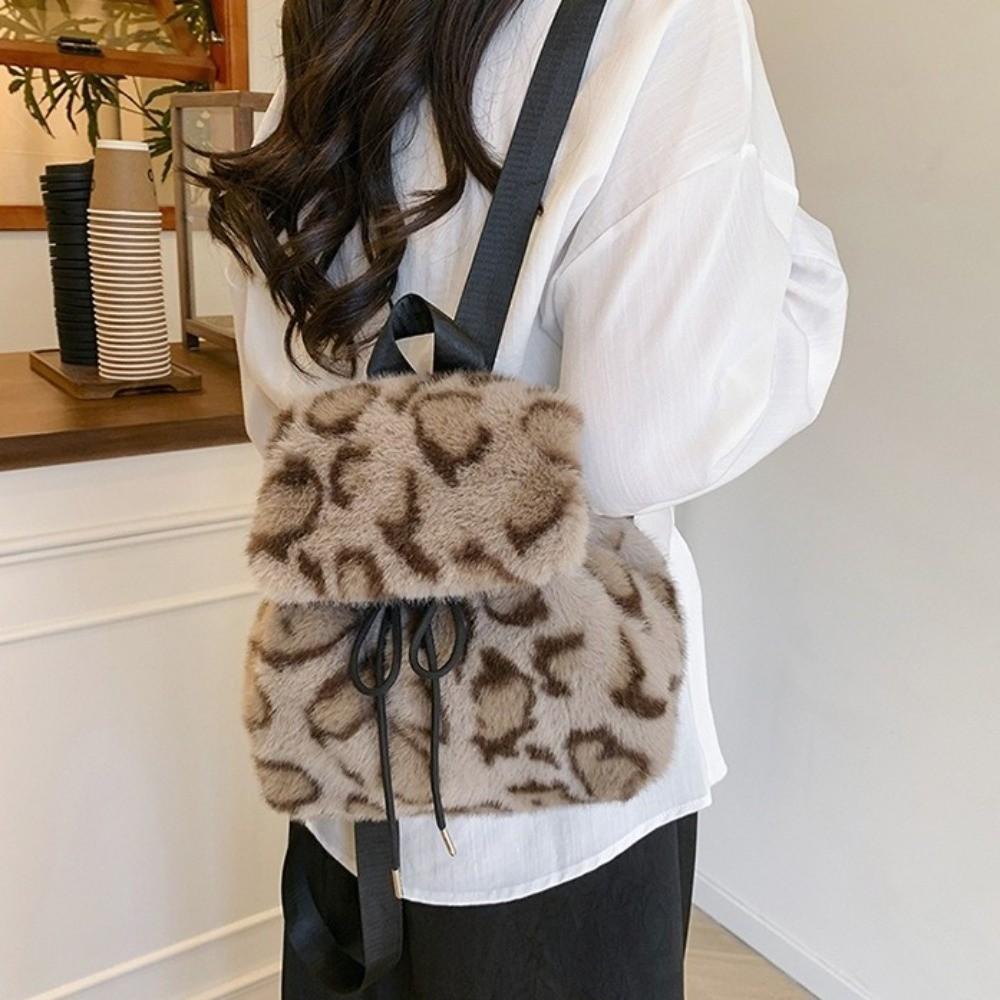 Drawstring Faux Fur Backpack Large Capacity Plush Knapsack Soft Leopard Print Daypack Girl