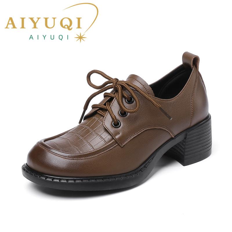 Fashion AIYUQI Women Shoes Loafers Genuine Leather Spring New Lace-up Mid Heels Shoes Women British Style Large size Women Shoes