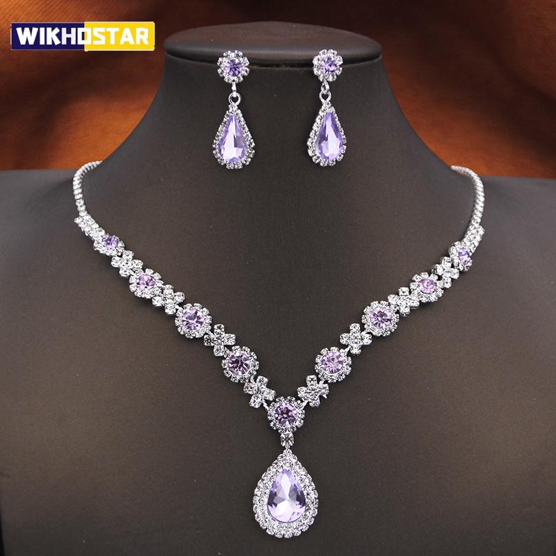 Women's Rhinestone Water Drop Bridal Jewelry Set Birthday Prom Purple Choker Necklace Earrings Wedding Bride Accessory Fashion