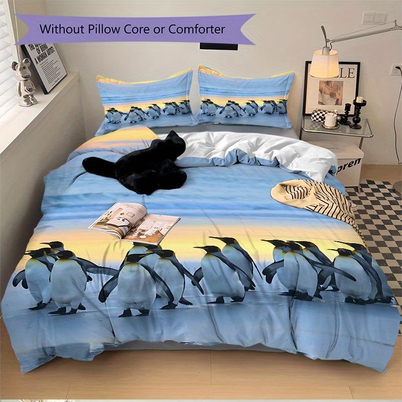 3pcs Set Penguin Beach 1 Quilt Cover + 2 Pillowcases, All Seasons Bedroom Setting, Perfect for Home and Dorm Decor A160
