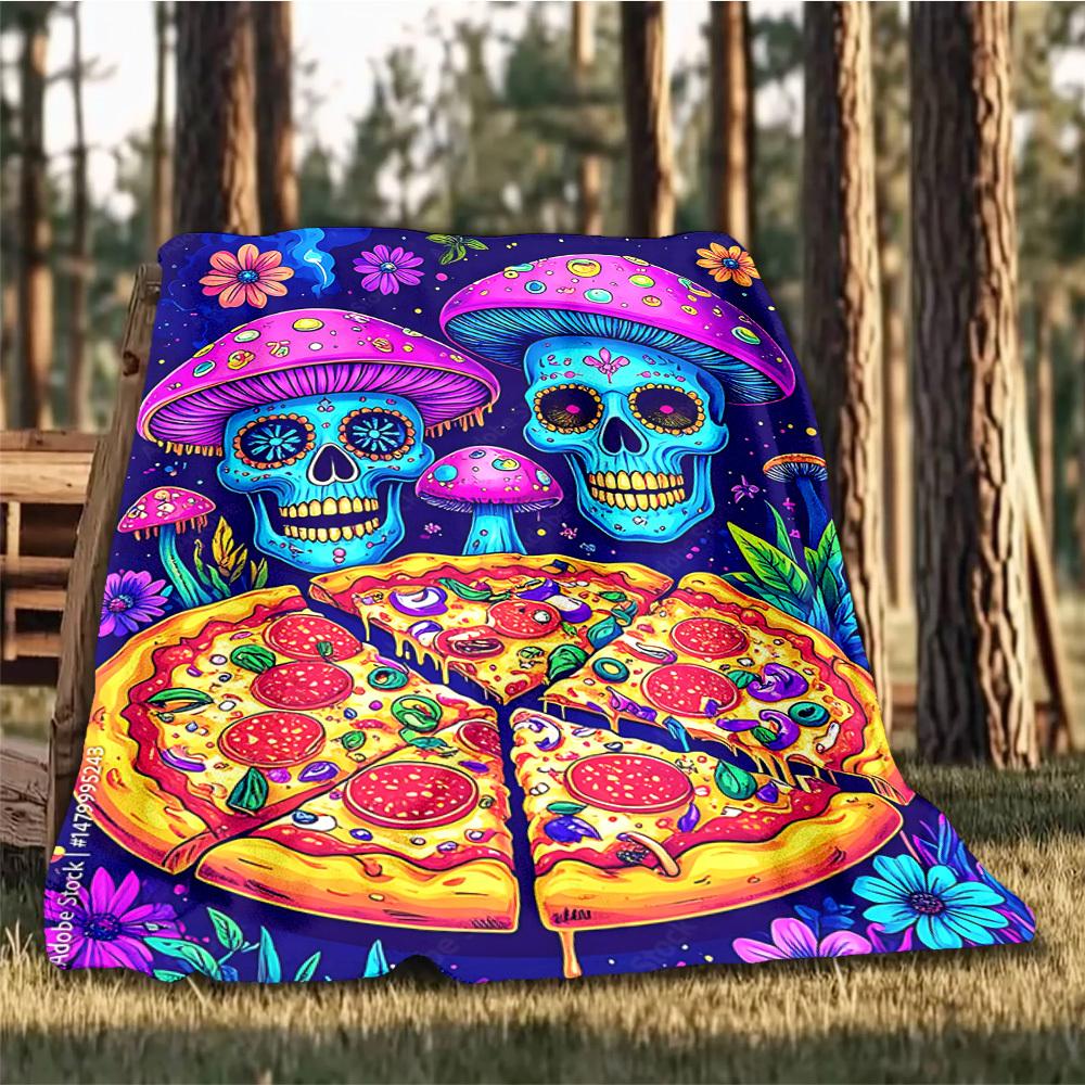 1pc Psychedelic Mushroom Pizza Print Outdoor Blanket, Lightweight Polyester,