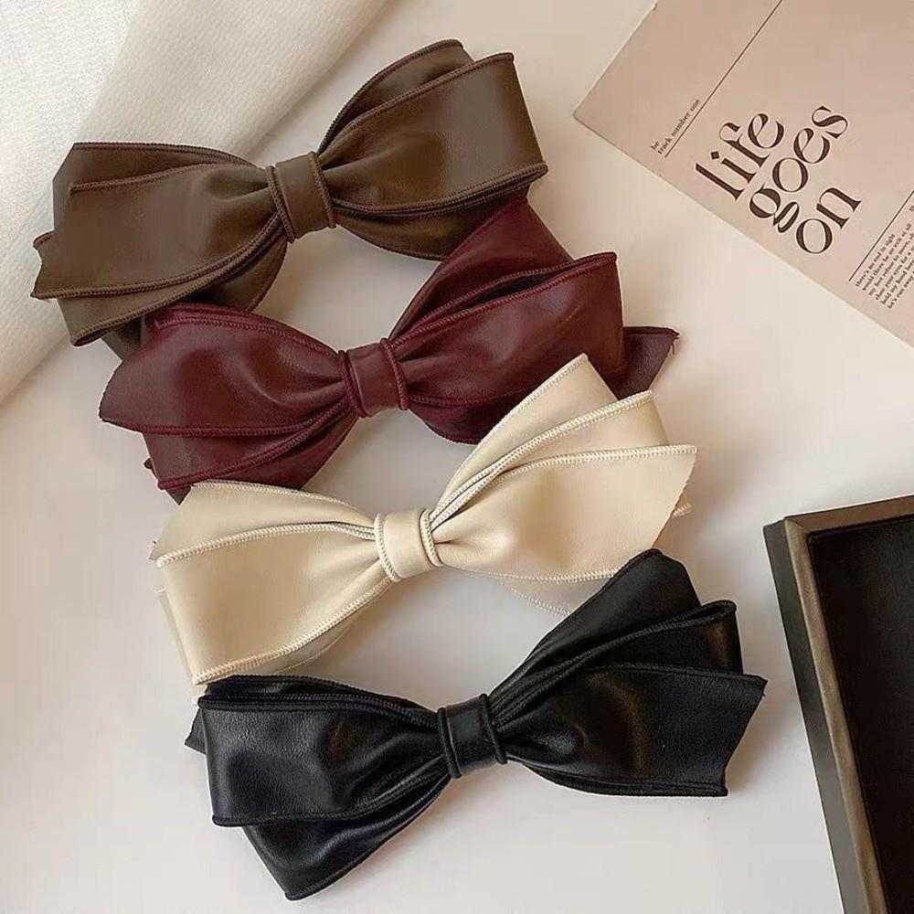 Soft Leather Bow Hair Clips Non-Slip Hair Accessories Elegant Ponytail Holder Women