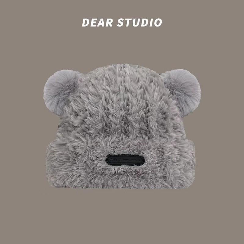 Women's Soft Bear Ear Plush Hat - Large Head Fit, Autumn/Winter Warmth, Sweet Loose Style, Ear Protection