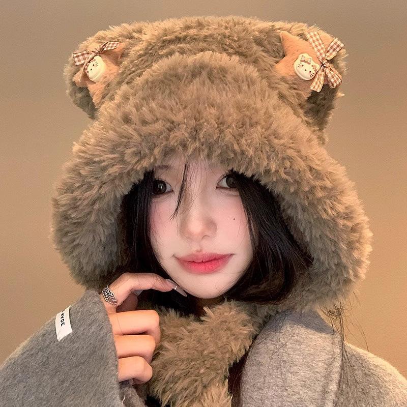 New Bear Ear Plush Knitted Hat for Women In Winter Warm Face Showing Small Straps Ear Protection Lei Feng Hat Trend