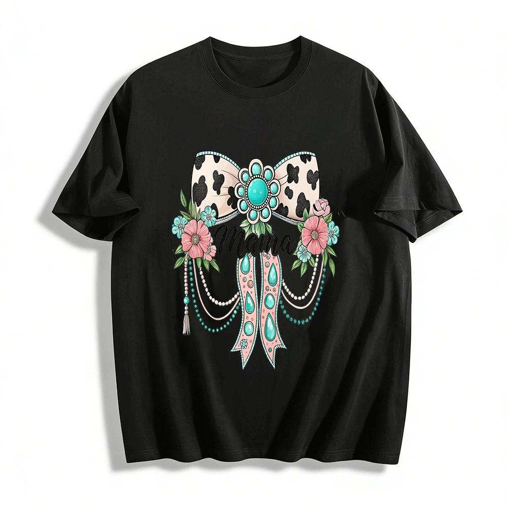Western Style Gem Flower Mama Print Casual Women s Top Pure cotton T-shirt XXS