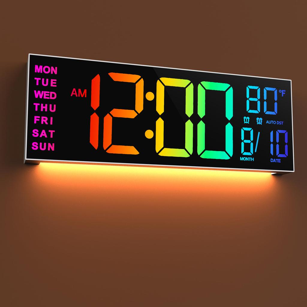 16-inch Type B Large Digital LED Wall Clock with Remote Control 8 RGB Adjustable Display Colors Built-in Alarm Automatic Daylight Saving Time Indoor