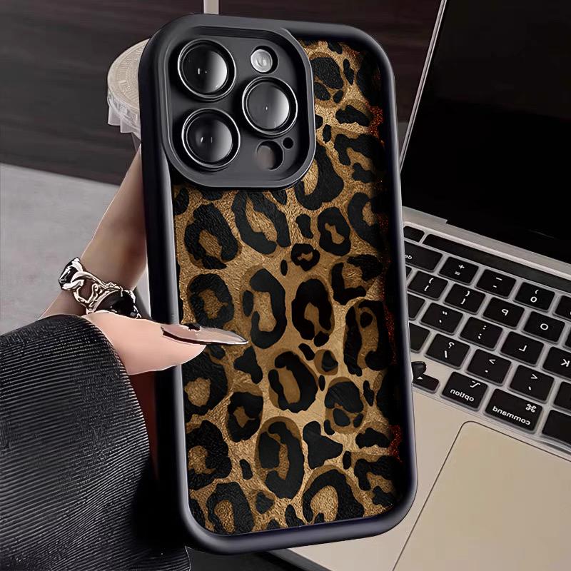 Fashion INS Black Leopard Print Laser Case For iPhone 17Pro 16 15 14 11 12 13 Pro Max 17 Pro 7 8 Plus Shockproof Silicone Funda