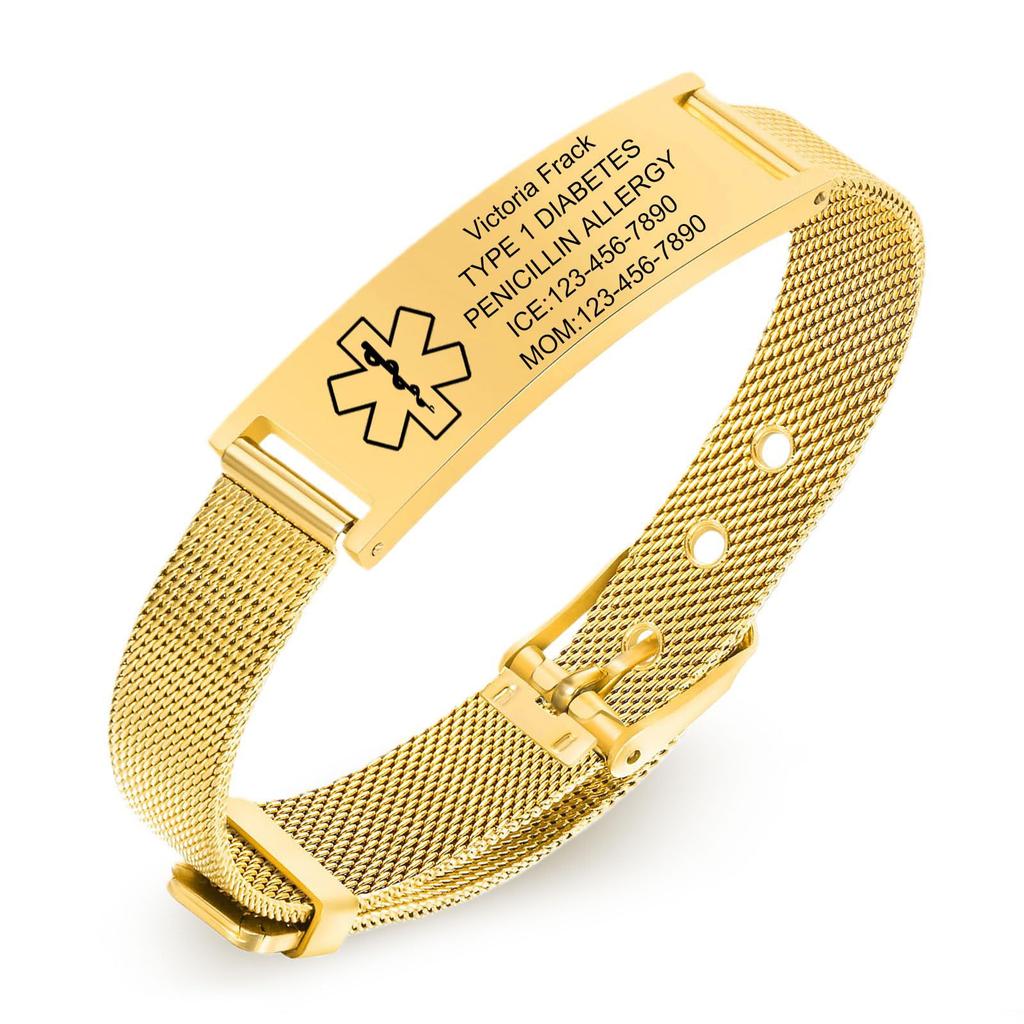 Rose Gold Bend Engraving Bracelet Medical Information Engraving Adjustable Stainless Steel Strap Rose Gold Bend Bracelet