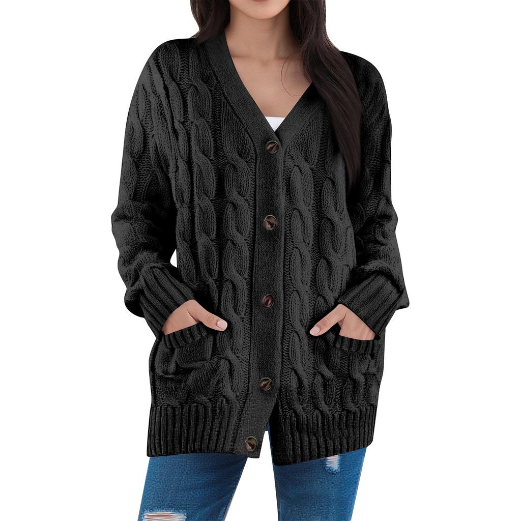 Women's Fashion Solid Color Casual Cardigan Jacket Cable Knit Button Cardigan Sweater