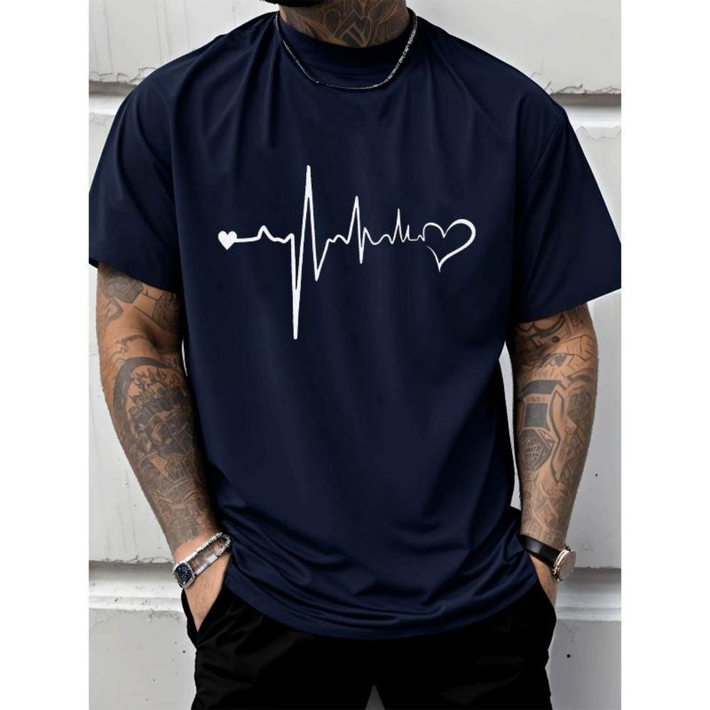 

European Sizes Men s Fashion Casual Trendy Street Style Crewneck T Shirt with Heartbeat Line Heart Shape Pattern Adults Men s Outfits Suitable XXXXXL чорний