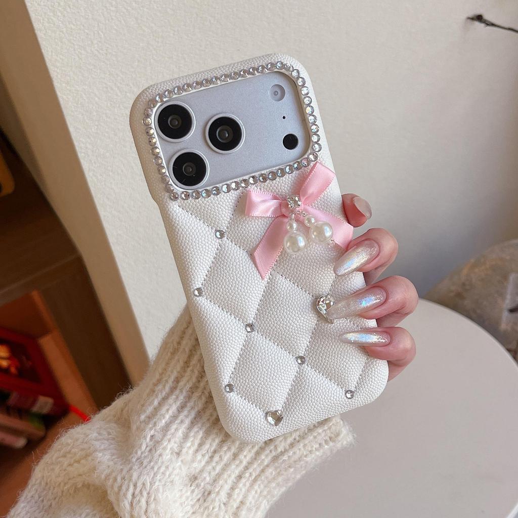 Luxury Quilted iPhone 13/14/15 Pro Max Case with Rhinestone Bow & Pearl