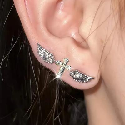3Pcs Set Shiny Angel Wings Ear Studs Women Vintage Couple Creative Luxury Crystal Geometric Personality Cross Earrings