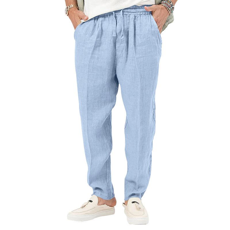 New Thin Section of Men's Fashion Large Size Solid Colour Leisure Drawstring Cotton Linen Trousers Breathable Trousers