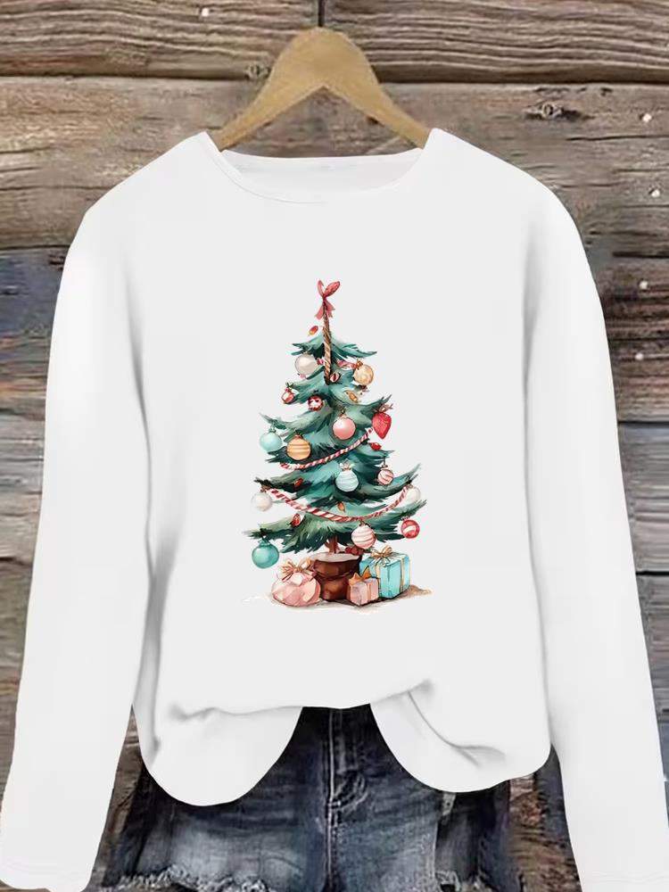 (Asian Size) style tree 90s Christmas new year Graphic Tee Women autumn winter Casual Fashion Top Clothing Print T Shirt Long Sleeve T-shirts
