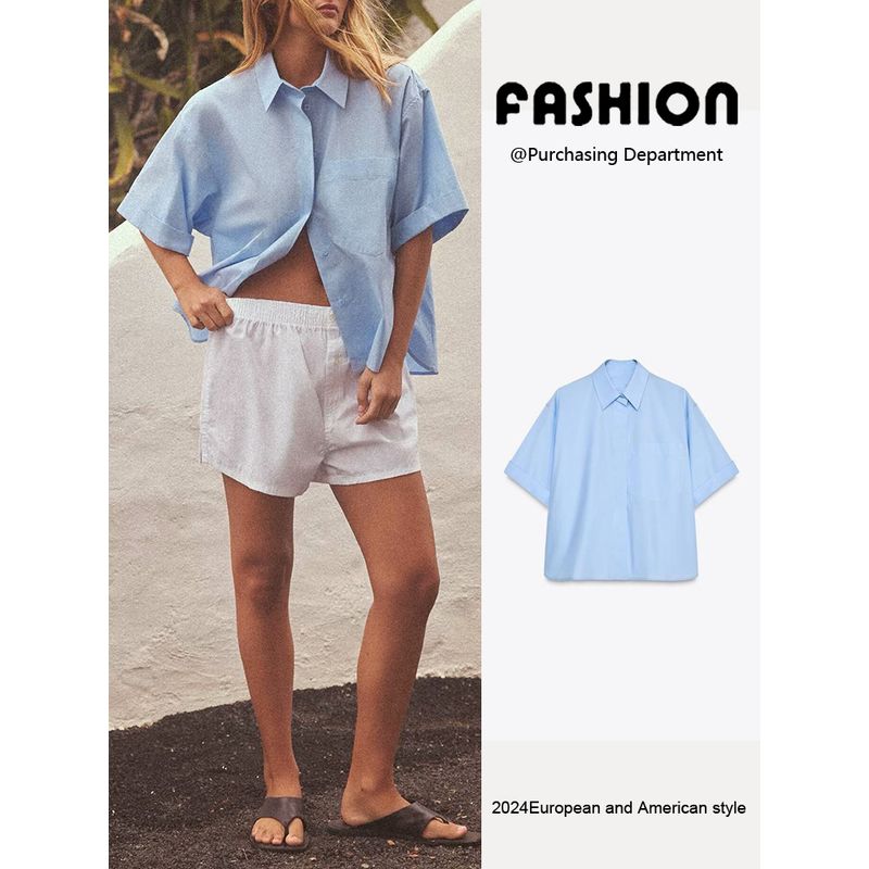 Za2025 Summer New Product Women's Clothes Casual Easiest for Match Simple Lapel Short Sleeve Pocket Poplin Shirt 4764025