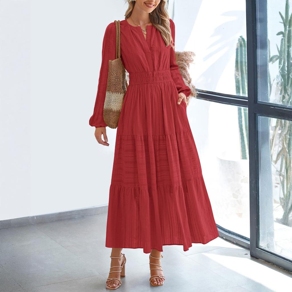Women's Fashion V-neck Pleated, Waist-cinching, Wide-swing Long-sleeved Dress