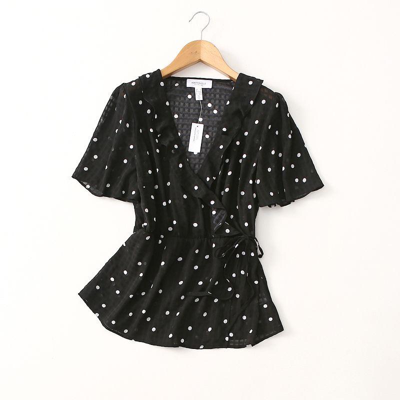 Foreign Trade Original Order Simple Graceful Wooden Ear Polka Dot Short Sleeve Chiffon Shirt Blouse Side Lace-up Plus Size Women's Clothing