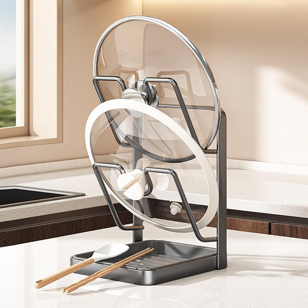 Sturdy Pot Lid Rack Pot Lid Holder with Drain Pan U-shaped Groove Kitchen Organizer Multifunctional Pot Lid Spoon Rack for Stove