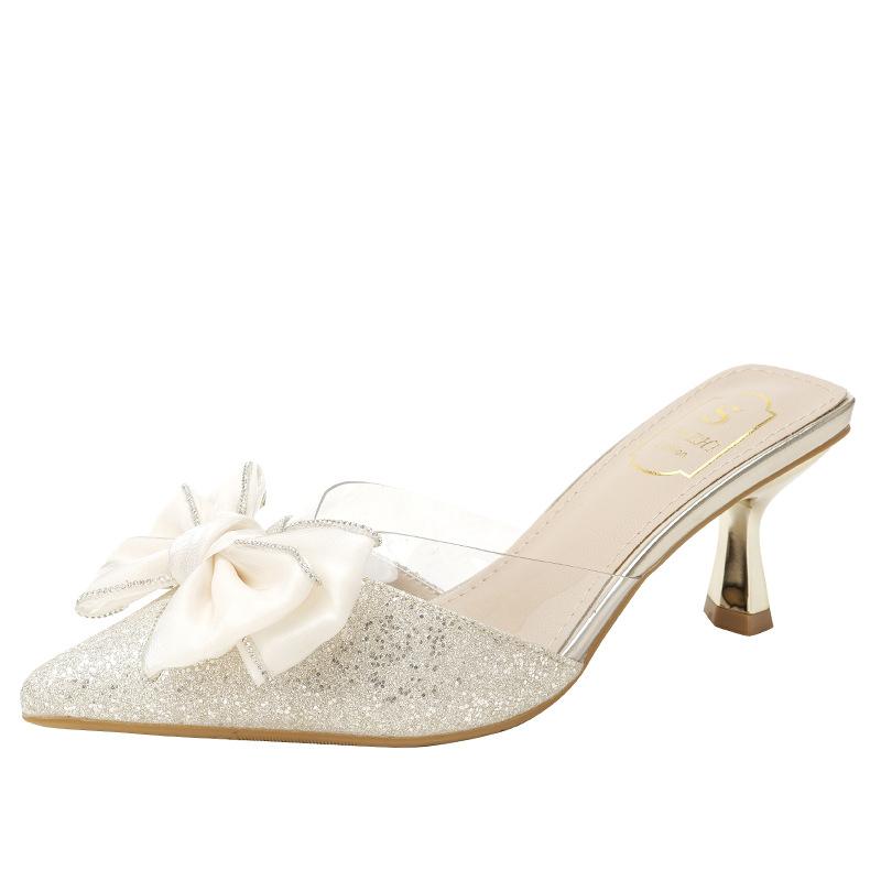 Champagne sequined bow thin heel bag head drag women's summer pointed transparent high heel slippers with skirt