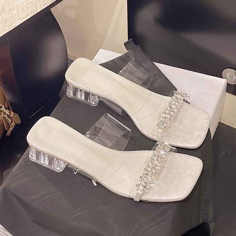

New silver crystal high heels women s spring 2025 fashion sandals wear thick heel rhinestone transparent sandals 35 бежевый