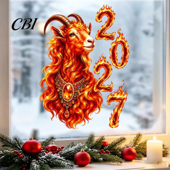 Static Glass Clings 2027 Year of Goat Window Cling, Lunar New Zodiac Flame Digital Design Decals Sticker, Style Spring Festival Door Decor for