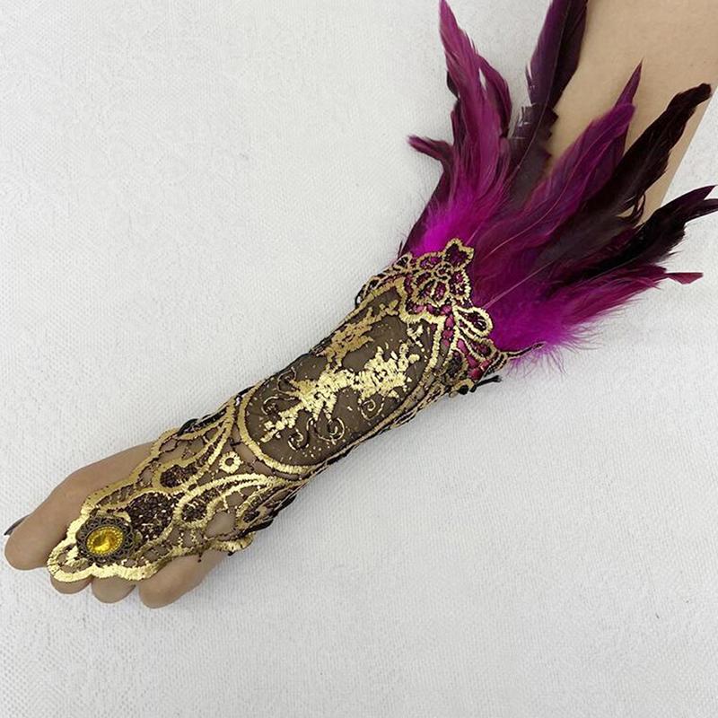 Gothic Feather Gold Lace Long Glove Bracelet Women Party Sexy Fingerless Gloves Exaggerated Lace Fishnet Gloves Accessories