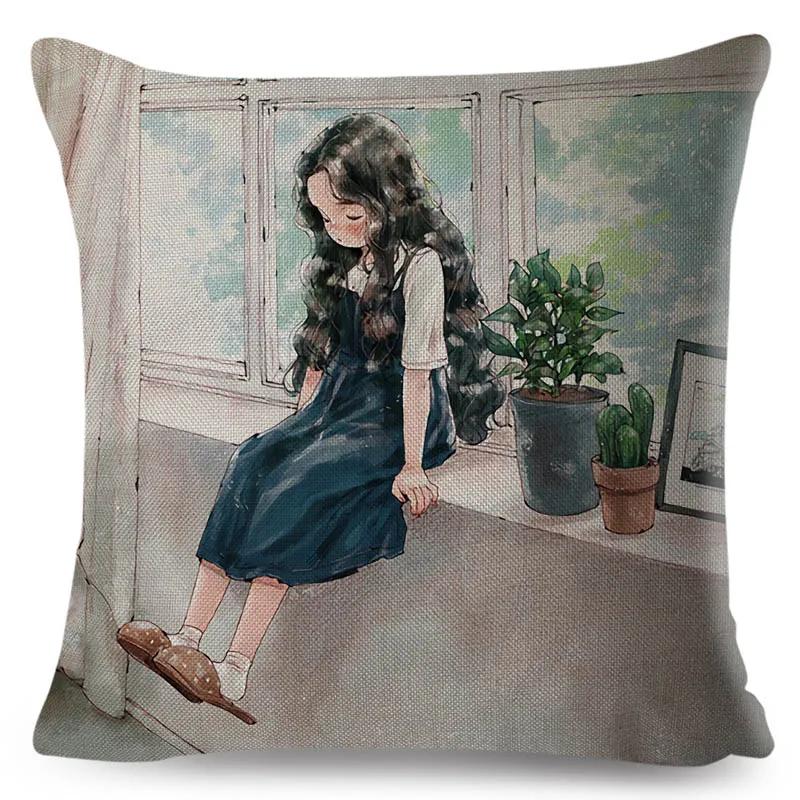 Colorful Cute Cartoon Girl and Pet Dog Fairy Tale World Pillowcase Decor for Sofa Home Pillow Case Polyester Cushion Cover