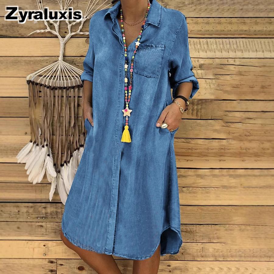 Plus Size Women's Denim Dresses Solid Color Loose Fit Casual Dress
